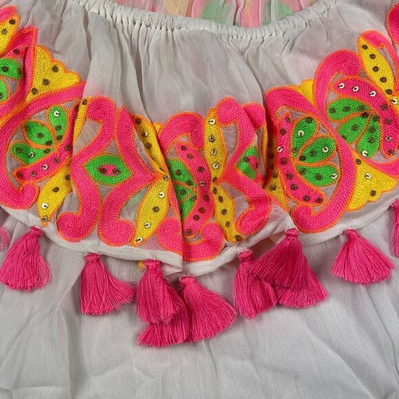 Miss June Paris White Boho Tassel Crop Top S/M Embroidered Festival Resort Shirt - Picture 2 of 10